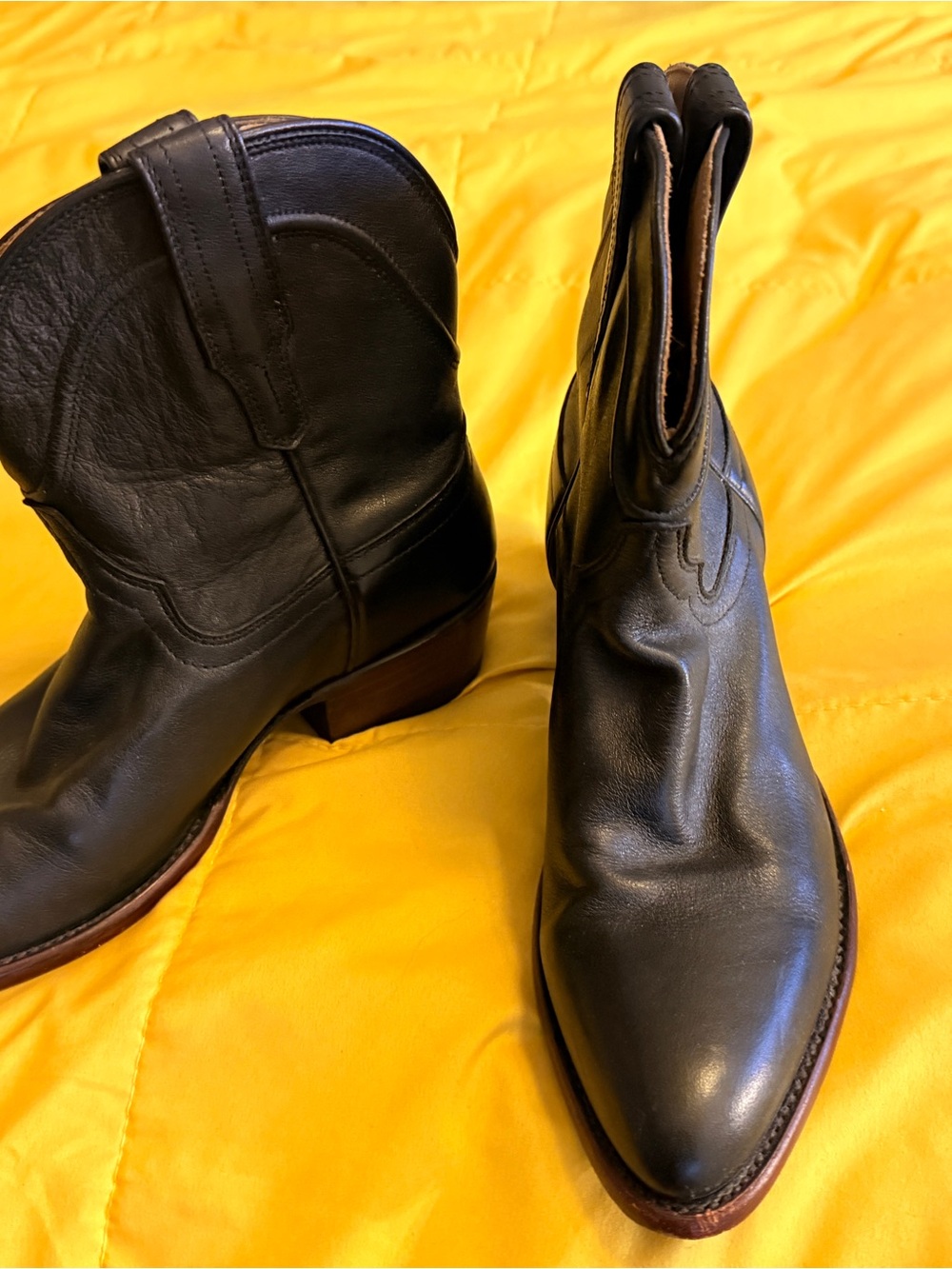 Tecovas “Penny” Black Leather Western Ankle Boots with Tan Interior